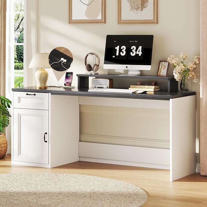 HUAHUU 63" Farmhouse Executive Desk with Drawers, Modern Computer Desk with Power Outlets, Office Writing Desk with Monitor Stand & Storage Cabinet, Printer Shelf, Antique White