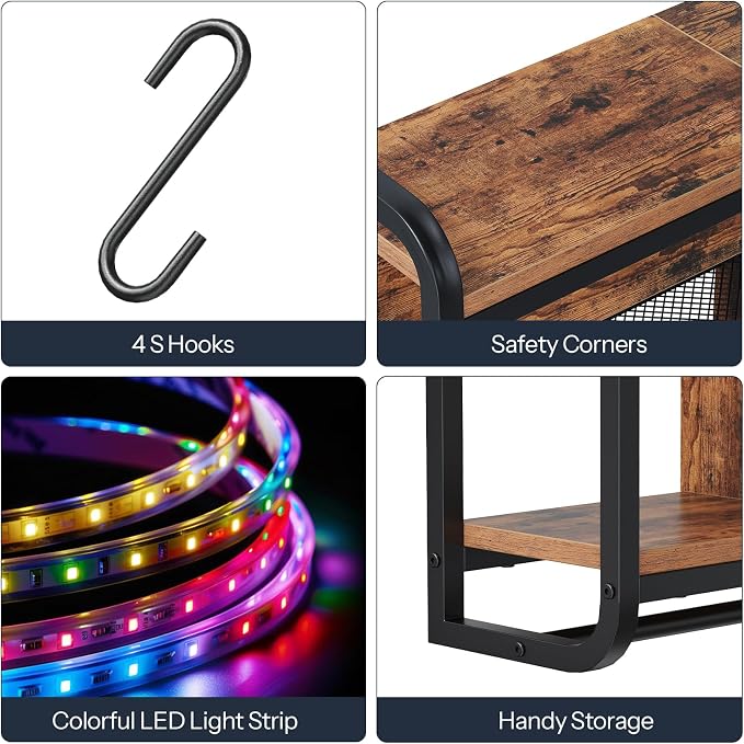 HOOBRO Gaming Floating Shelves with LED Lights, 26.4" LED Wall Mounted Shelf, Modern Corner Shelf 3-Tier Display Rack for Wall Storage, Arched Design, for Living Room, Rustic Brown and Black BF44DBJ01