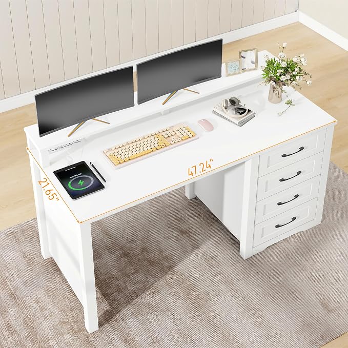 Vabches 47" Farmhouse Executive Desk with Monitor Stand and LED Lights,4 Drawers Computer Desk with Power Outlets,Large Workspace for Work Study Writing.(White)