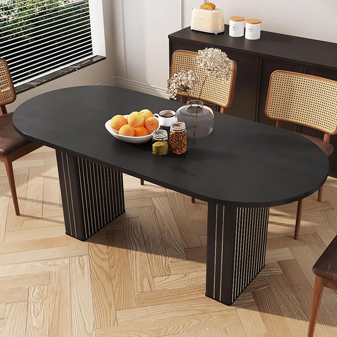 70.8 Inch Kitchen Dining Table for 4-6 People, Oval Kitchen Table with Wood Strip Base, Modern Farmhouse Large Round Dining Room Tables for Home Living Room (Black)