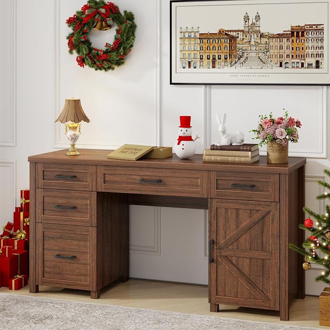 Vabches Farmhouse 61'' Executive Desk with 5 Drawers, Rustic Office Desk Computer Desk, File Drawers and Storage Cabinet, Wood Workstation for Study and Home Office. (Red-Brown)