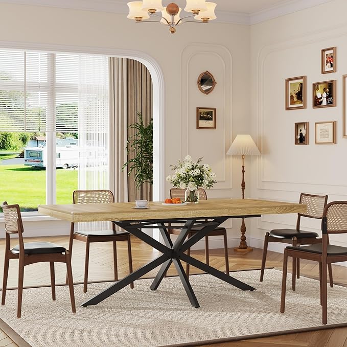 59In-78Inch Extendable Rectangular Dining Table for 6 8 People, Wood Long Dining Room Table W/Removable Leaves,Space Saving,Modern Dinner Table W/Waterproof Tabletop&Metal Legs for Kitchen Living Room