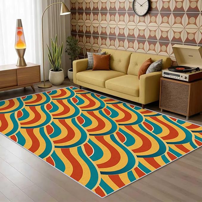 70s Rug 6x9 Retro Abtract Groovy Stripes Pattern Area Rugs for Living Room, Bedroom, 70s Home Decor Accessories Indoor Carpet, Non Slip & Machine Washable, GD0369