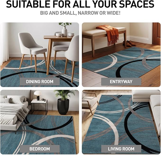 Rugshop Modern Wavy Circles Design Oval Rug, Non-Shedding Carpet for Living Room, Bedroom, or Dining Room, Blue, 5' x 7' Oval