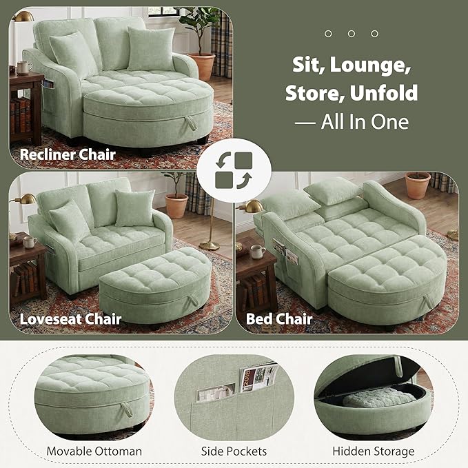 Round Chaise Lounge Chair with Storage Ottoman, Oversized Bubble Chair and a Half Featuring Adjustable Backrest, Plush Reading Accent Chair and Ottoman Set for Bedroom, Mint Cyan