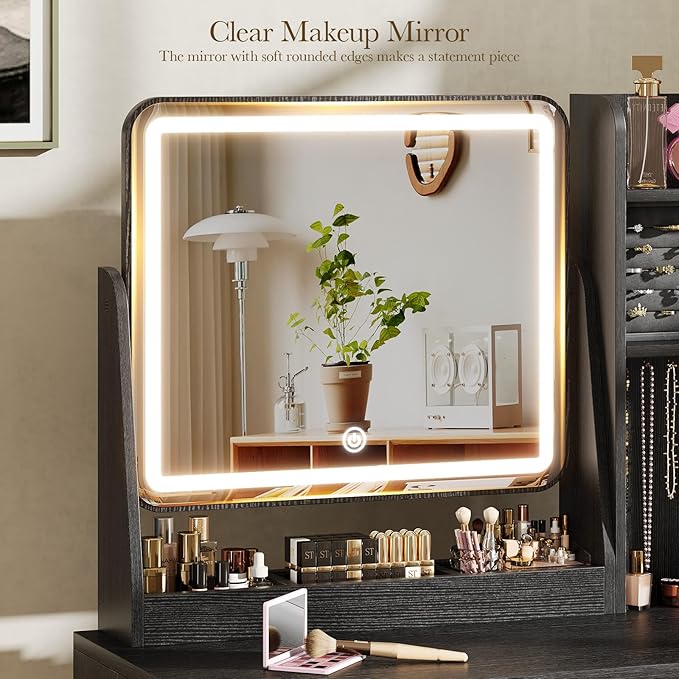 Fluted Vanity Desk with Mirror and Lights, Small Makeup Vanity with 2 Drawers and Jewelry Storage Cabinet, 3 Lighting Modes Adjustable Brightness, Dressing Table for Bedroom - Black