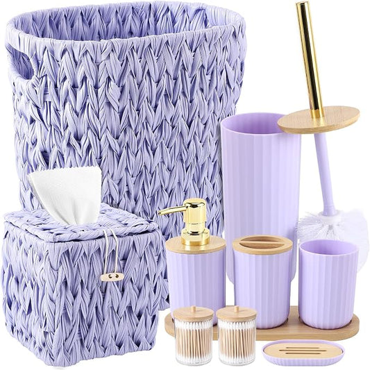 Bathroom Accessory Set, 10 Pieces Bath Set- Wicker Trash Can Tissue Box Soap Dish Toothbrush Holder Rinse Cup Lotion Bottle Toilet Brush Qtip Holder - Practical Bathroom Decor Sets (Purple, Bath Set)