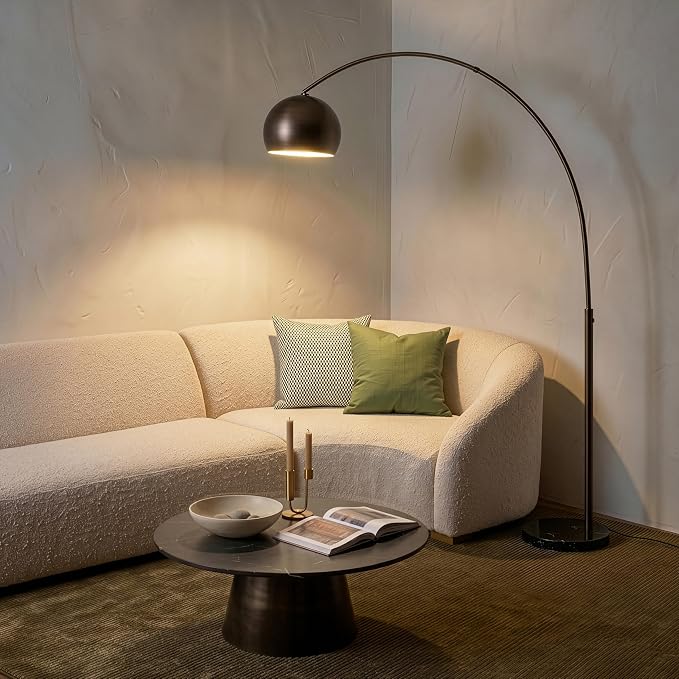Brightech Olivia LED Floor Lamp - Tall Arc Lamp with Metal Dome Head and Marble Base for Living Room, Standing Reading Lamp with LED Bulb for Bedroom, Office - Oil Brushed Bronze