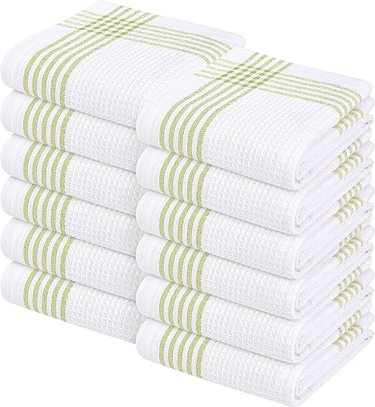 Waffle White & Lemon Green 12 Pack Kitchen Towels, 100% Cotton, 16x26 inches, Everyday Use Dish Cloths Set, Durable and Absorbent Hand Towel, Ideal for Drying Dishes, DIY Embroidery