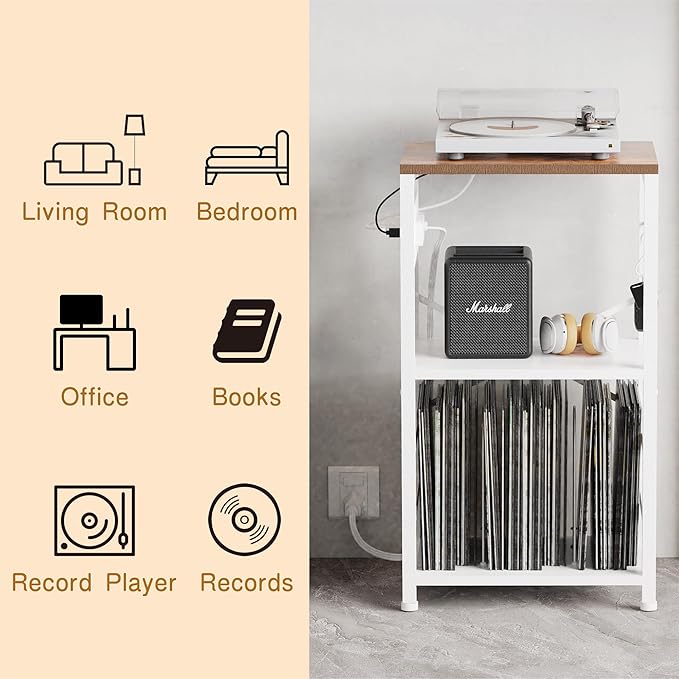 YAKANJ End Table with LED Light,Record Player Stand with Charging Station,Vinyl Records Storage,Turntable Stand Albums Storage for Music Room Studio-Industry White