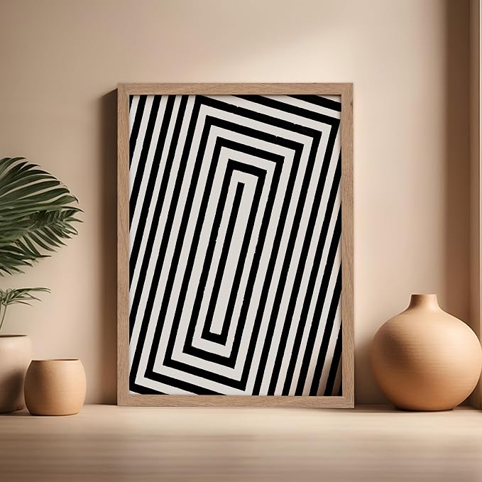 Poster Master Rectangle Tunnel Poster - Angular Swirl Print - Geometric Design - Abstract Design - Japanese Ink Art - Mid Century Modern Illustration - Living Room Decor - 16x20 Beige Framed