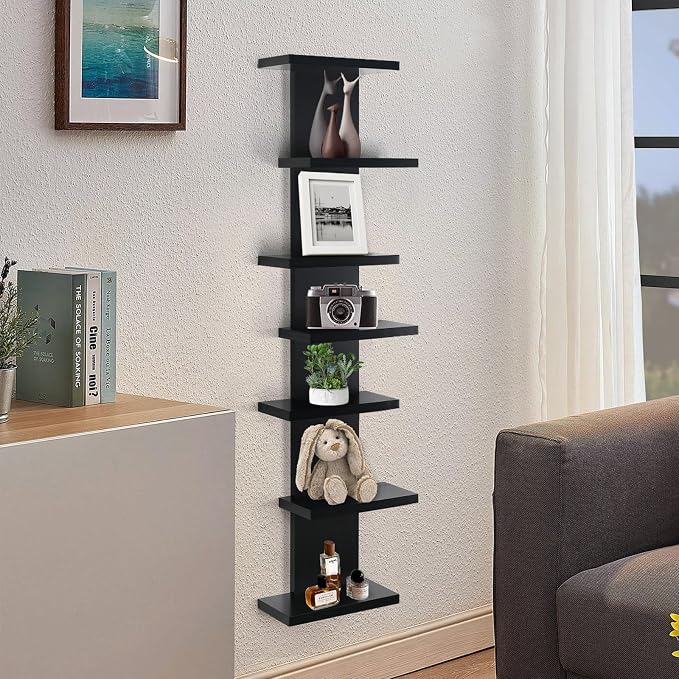 VIWODS 7 Tier Wall Shelf Unit-Black Floating Shelves for Home Decor, Modern Unique Asymmetric Design for Bedroom & Living Room Storage