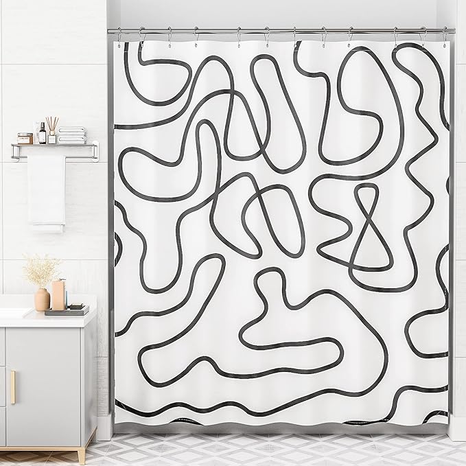 AmazerBath Shower Curtain, Washable Cloth Black and White Shower Curtain Sets with 12 Metal Shower Curtain Hooks, Rustic Abstract Black Lines Art Fabric Shower Curtains for Bathroom Decor, 72x72 Inch