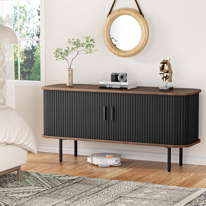 47''W Black Storage Cabinet, Fluted Sideboard Buffet Cabinet with Storage, Console Table Credenza with Tambour Slatted Sliding Doors and Shelves, Modern TV Stand for Living Room, Kitchen, Entryway