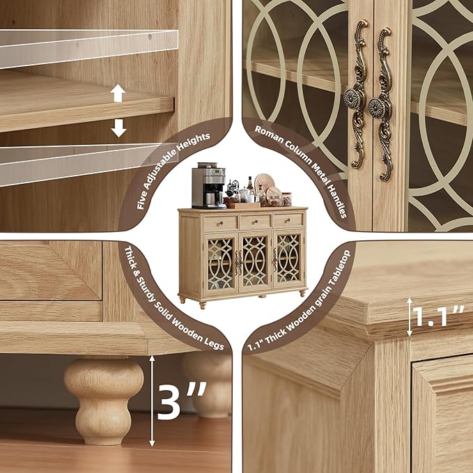 Farmhouse Sideboard Buffet Cabinet Set of 2 with Storage,48" Large Credenza with 3 Glass Doors & 3 Drawers,Adjustable Shelves Console Table,Wood Kitchen Coffee Bar for Dining Room,Natural
