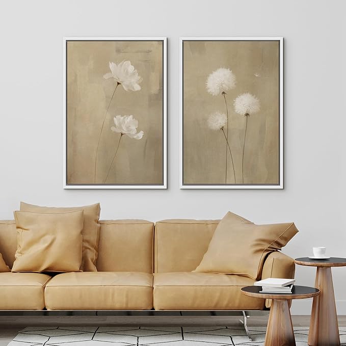 IDEA4WALL Framed Canvas Print Wall Art Set Neutral Floral with White Flowers and Dandelions Illustrations Modern Art Decorative Bohemian Calm/Zen for Living Room, Bedroom, Office - 16"x24"x2 White
