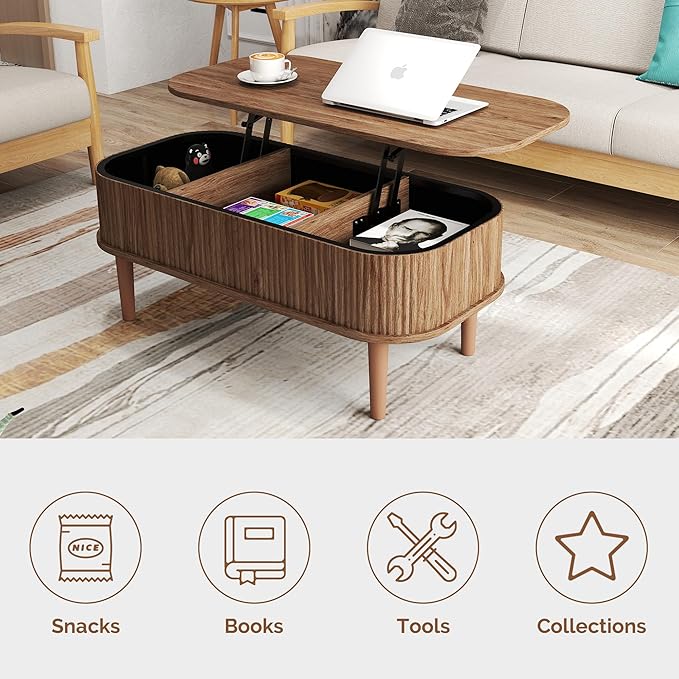 Fluted Lift Top Coffee Table with Hidden Storage, Oval Coffee Table with Lifting Top, Mid Century Modern Design for Living Room, Office & Small Spaces(Walnut)