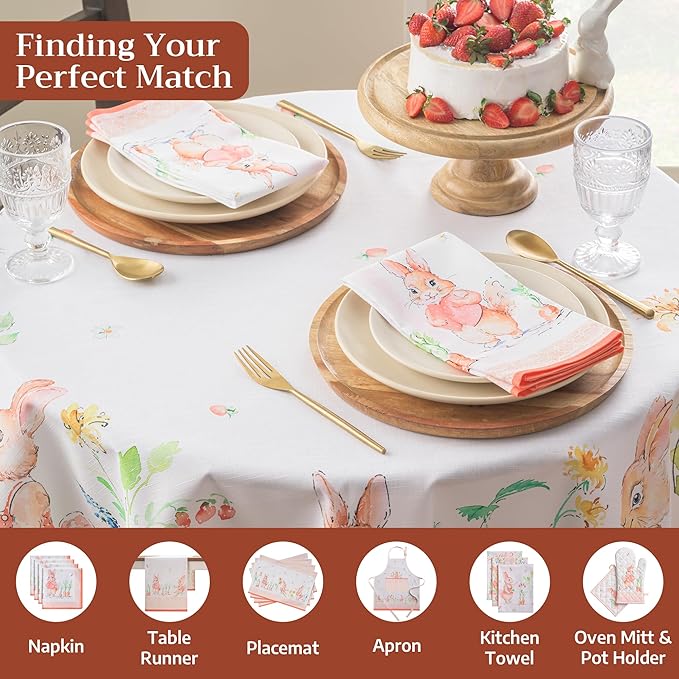 Maison d' Hermine Table Cloth Round Table 100% Cotton 63 Round Inches Tablecloth Reusable Decorative for Dining Room Farmhouse Home Valentines Day Decorations Spring Summer - Bunny Party