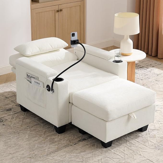 Oversized Chaise Lounge Chair Indoor, Single Convertible Recliner Reading Arm Sofa Chair W/Adjustable Backrest & Charging Port Couch Bed for Living Room, Home Theater & Bedroom, Beige