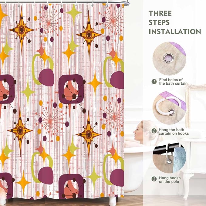 Mid Century Shower Curtain, 60x72inch, Modern Abstract Retro Red Striped Geometric Shower Curtain Sets 1950s Boho Bathroom Shower Curtain with 10 Hooks