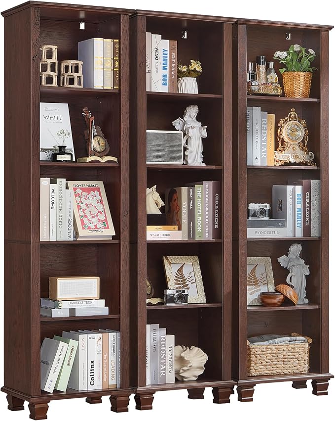 SAVOR LIFE Narrow Walnut Book Shelf, 70" Tall Skinny Bookshelf with Adjustable Shelves & Wooden Legs, Farmhouse Wood Bookcase w/5-Tier Open Storage, Free Standing Book Case for Office,Living Room,3PCS