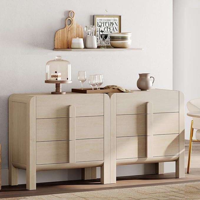 WAMPAT Large Sideboard Buffet Cabinet with Storage with 6 Drawers,Modern French 63" W Buffet Cabinet with Storage,Wood Coffee Bar Cabinets with Curved Edge Design for Kitchen Living Room,Light Oak