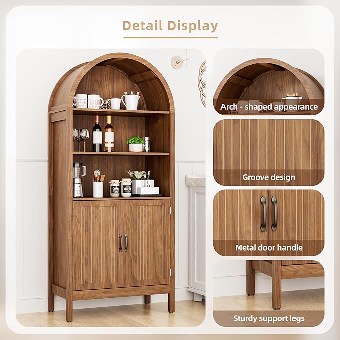 70.9" Tall Storage Cabinet with Fluted Doors, Arched Freestanding Cabinet with 5 Shelves, Wooden Bookcase Storage Cabinet Suitable for Living Room, Dining Room, Bathroom