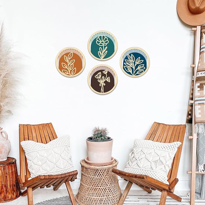TOARTi 4Pcs Wooden Boho Floral Wall Art Set, Modern Minimalist Flower Wooden Hanging Sign,Bohemian Plants Artwork,Farmhouse Vintage Botanical Wall Decor for Living Room Bedroom Office Bathroom