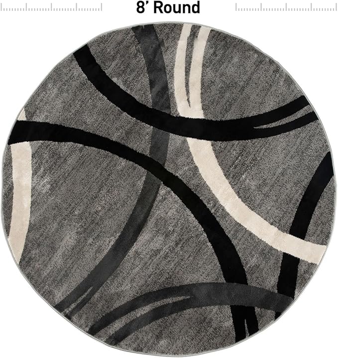 Rugshop Wavy Circles Design Round Rug, Carpet with Jute Backing for Living Room, Dining Room, or Bedroom, Gray, 8' Round