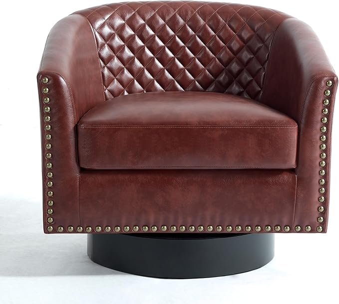 UIXE Swivel Accent Chair, PU Leather Barrel Club Chair for Living Room, Upholstered Armchair Comfy Single Sofa Bedroom Reading Seat - Red Brown