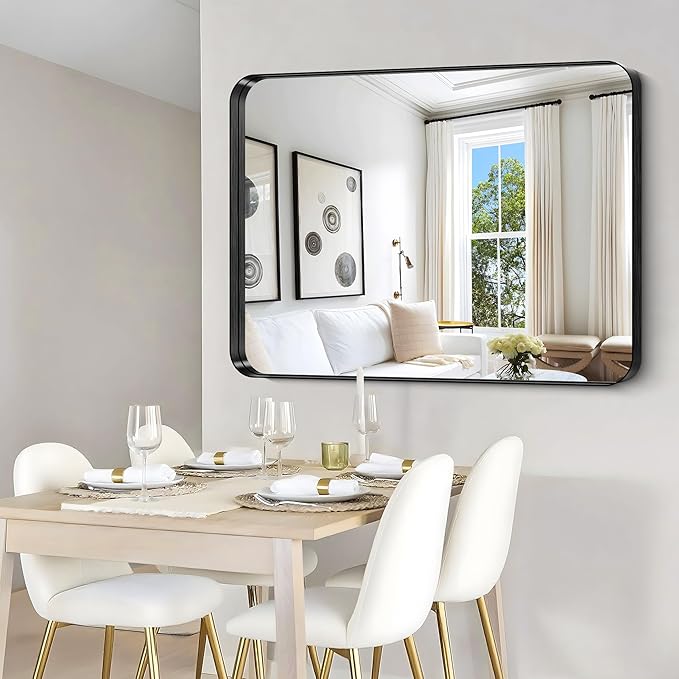 CIRCUMI Black Bathroom Mirror, 36"x48" Rectangular Mirror with Deep Metal Frame, Rounded Corner, Tempered Glass, Large Mirror for Wall, Over 2 Sinks, Installed Vertically/Horizontally, Crystal-Clear