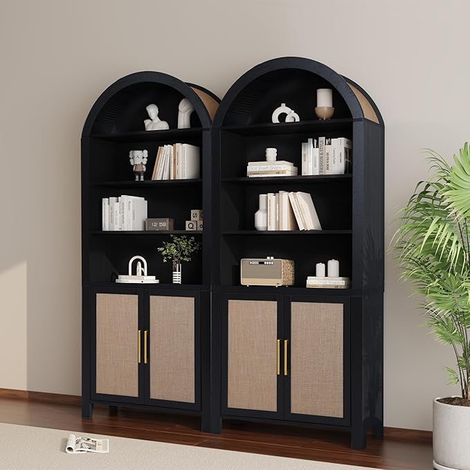 Janmer Home 71" Tall Arched Bookcase with Storage, Modern 6-Tier Arch Cabinet with Door, Arched Bookshelf Cabinet with Open Display Storage Shelf for Living Room (Black,)