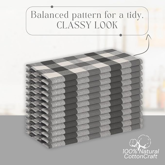 Checked Kitchen Towels 4 Pack, 18x26 Inches, Absorbent Dish Cloths, Reusable and Washable Tea Towels for Drying and Cleaning, Quick Dry Wash Rags - Light & Grey, Natural