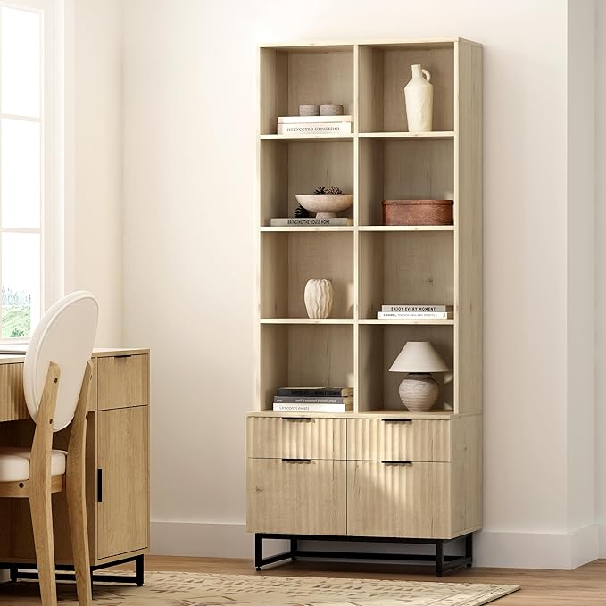 71" Bookshelf with Drawers, Fluted Tall Bookcase 4 Tier Wooden Display Cabinet with Storage Floor Standing, Mid Century Modern Bookshelves for Home Office Living Room Library (Light Oak)