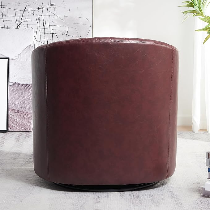 KINWELL 29" Wide Tufted Faux Leather Swivel Barrel Chair, PU Leather Modern Upholstered Accent Chairs with Nailhead Trim, Small Armchair for Living Room Bedroom, Red