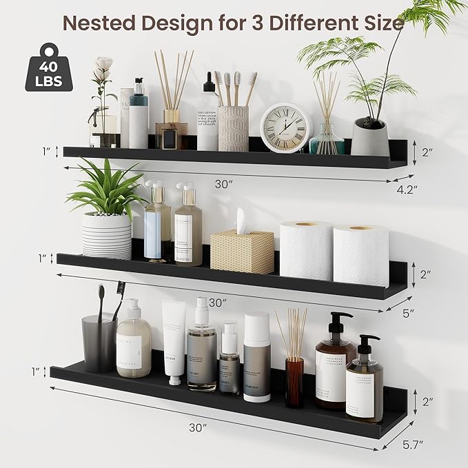 Axeman 30 Inch Floating Shelves | Black Picture Ledge Shelf Set of 3 | Rustic Wood Wall Shelves with Lip | 30" Black Picture Shelf for Wall with Ledge | Photo Shelves
