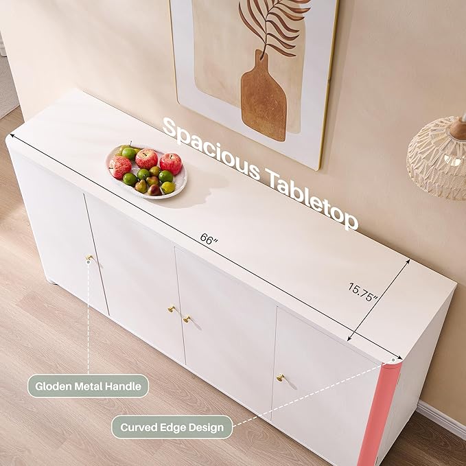 Curved Buffet Cabinet with Doors, 66" Large Sideboard Buffet Storage Cabinet with 4 Doors and Shleves, Modern Coffee Bar Station Wood Kitchen Table for Kitchen, Dining Room, White