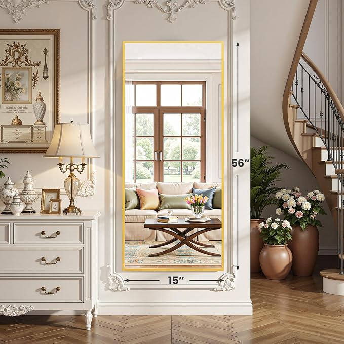 OLIXIS Full Length Mirror for Bedroom, 56"x15" Full Body Mirror with Stand, Hanging or Leaning for Wall, Aluminum Alloy Thin Frame Floor Standing for Living Room, Long, Gold
