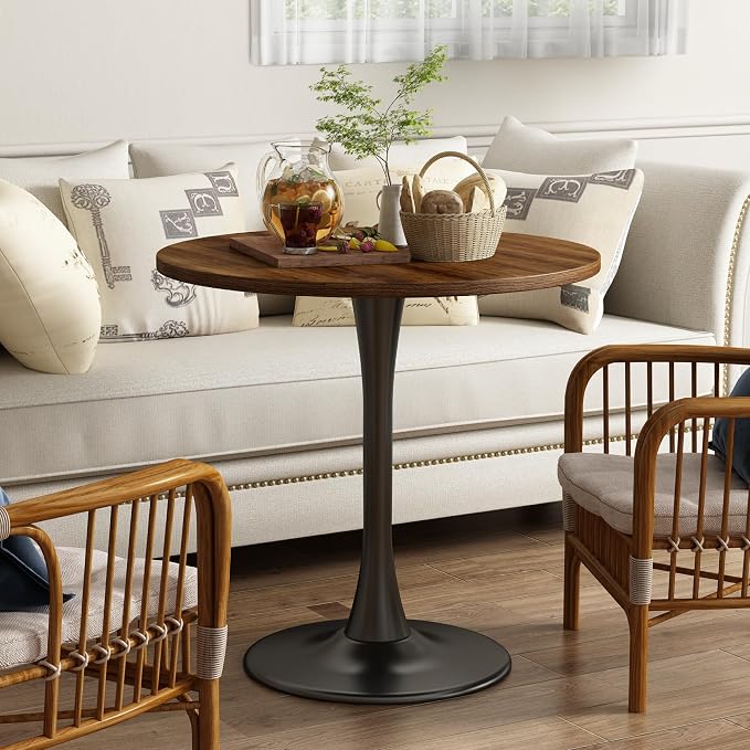 Round Dining Table 30" Circle Tulip Table with Wood Thickened Tabletop & Sturdy Metal Pedestal Mid Century Modern Farmhouse Kitchen Tables for 4 Small Places Living Room Cafe,Somber Walnut