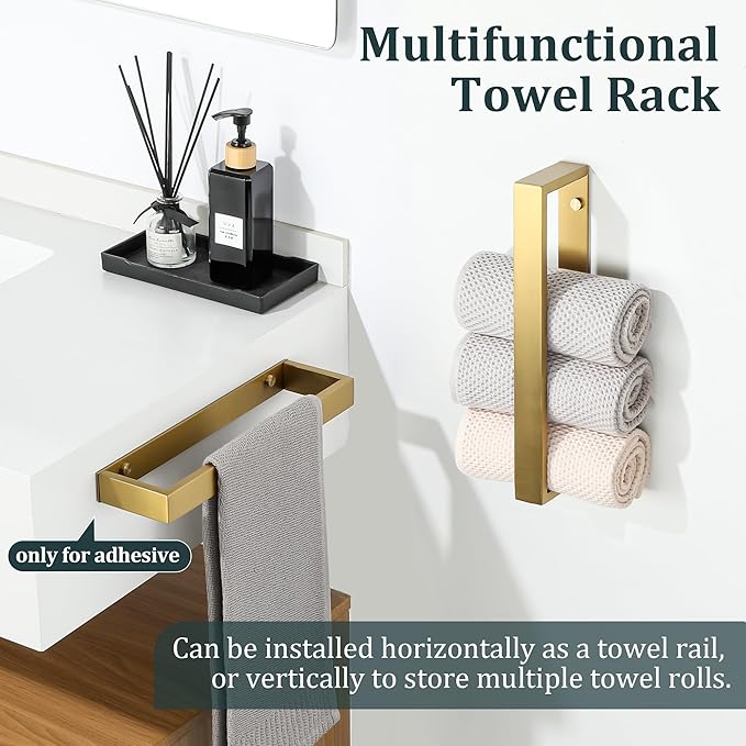 Sayayo Brushed Gold Towel Bar for Bathroom, 12 Inch Hand Towel Holder Wall Mount, Screw or Self Adhesive Towel Ring Square SUS304 Stainless Steel, 3.2 Inch Wide