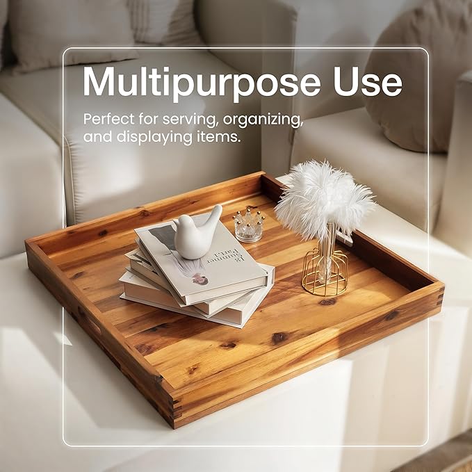 24 x 24 inch Acacia Wood Square Ottoman Tray – Large Wooden Tray for Ottoman, Extra Large Ottoman Tray for Living Room, Coffee Table & Decorative Use (Acacia Color)