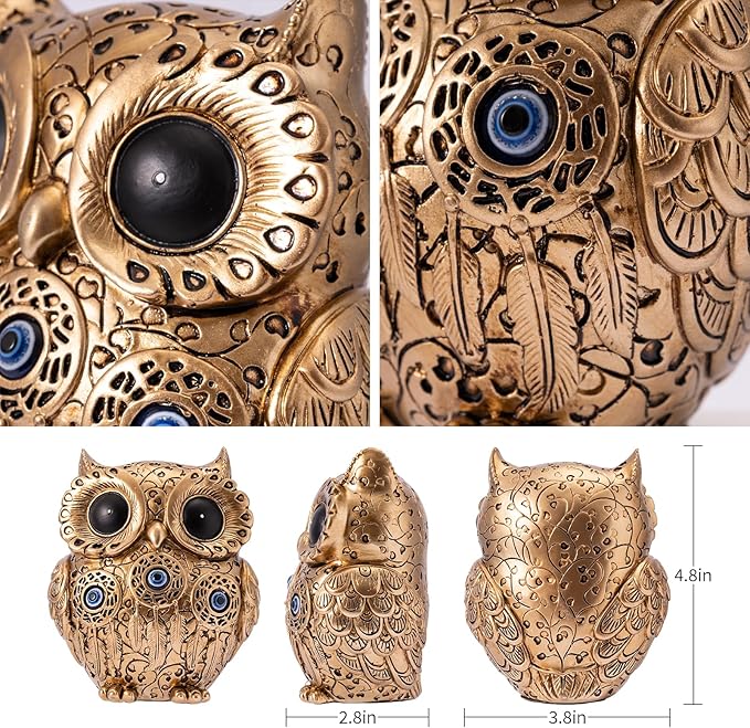 Owl Statue Home Decor Accents with Evil Eye.Gold Decor for Bookshelf, Bedroom, Living Room, Office, Table and Shelf.Vintage Owl Figurines Gifts for Birds Lover.Cute Small Animal Sculptures.
