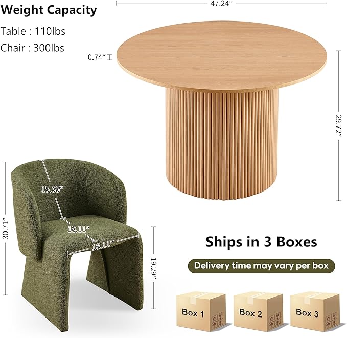 NORDICANA 3-Piece Round Dining Table Set for 2, Rustic 47-Inch Kitchen Table and Chair Set, Dining Set with Dark Green Upholstered Armchairs, Manufactured Wood Top with Oak Veneer