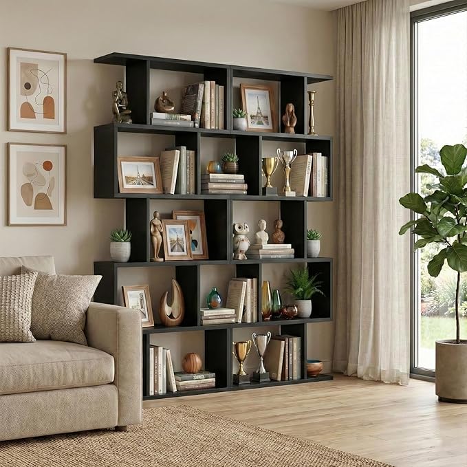 5-Tier Geometric Bookcase (Set of 2), 62.6" Tall S-Shaped Bookshelf & Room Divider, Modern Black Freestanding Display Shelving Unit for Living Room, Hallway, Home Office