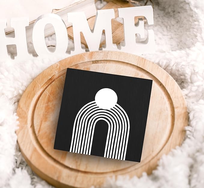 SRADMO Boho Sun Rainbow Abstract Geometric Balance Arch Shapes Wood Box Sign Desk Decor, Black Boho Mid Century Modern Art Wooden Box Sign Decor for Home Office Shelf Table Decorative Accessories