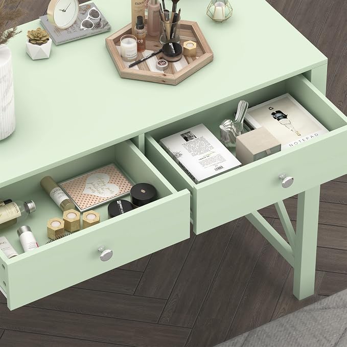 WiberWi Home Office Desk with Drawers, Modern Writing Computer Desk for Bedroom, Small Makeup Vanity Table Study Table for Home Office,Green
