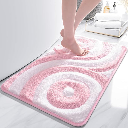 QJHOMO Pink and White Cute Bathroom Rugs Non Slip Bath Mat Modern Aesthetic Bathroom Decor, Geometric Striped Bath Rug Fluffy Floor Mats, Thick Microfiber Carpet Machine Washable (20x32 inch)