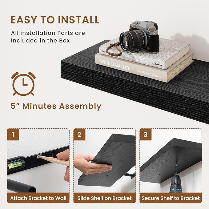 fuqing Floating Shelves for Wall, Wall Mounted Wood Floating Shelf with Invisible Brackets for Living Room, Bathroom, Bedroom, Kitchen Storage and Decor, 32 Inch Set of 2, Black