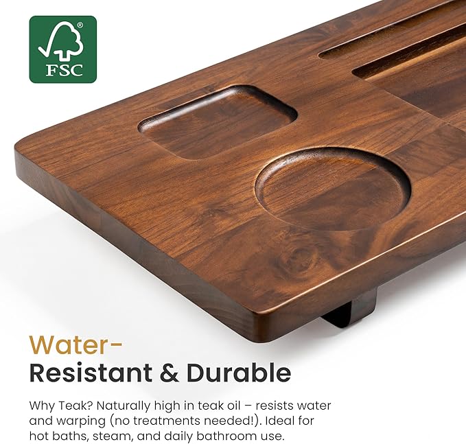 Teak Wood Bathtub Tray Caddy, 39 Inch Adjustable Bath Tub Tray for Freestanding Tubs, with Non-Slip Phone & Wine Glass Holder, Book Stand for Relaxing Bath