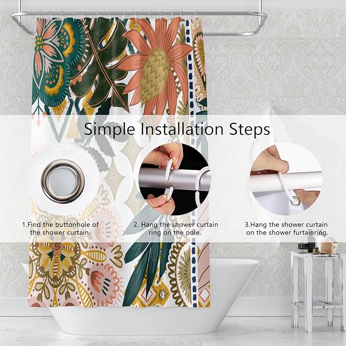 Bohemian Floral Bathroom Shower Curtain - Colorful Boho Leaves Flowers with Hooks - Polyester Waterproof Fabric Paisley Unique Trendy Woman Shower Curtain Decor, 48x72 Inch